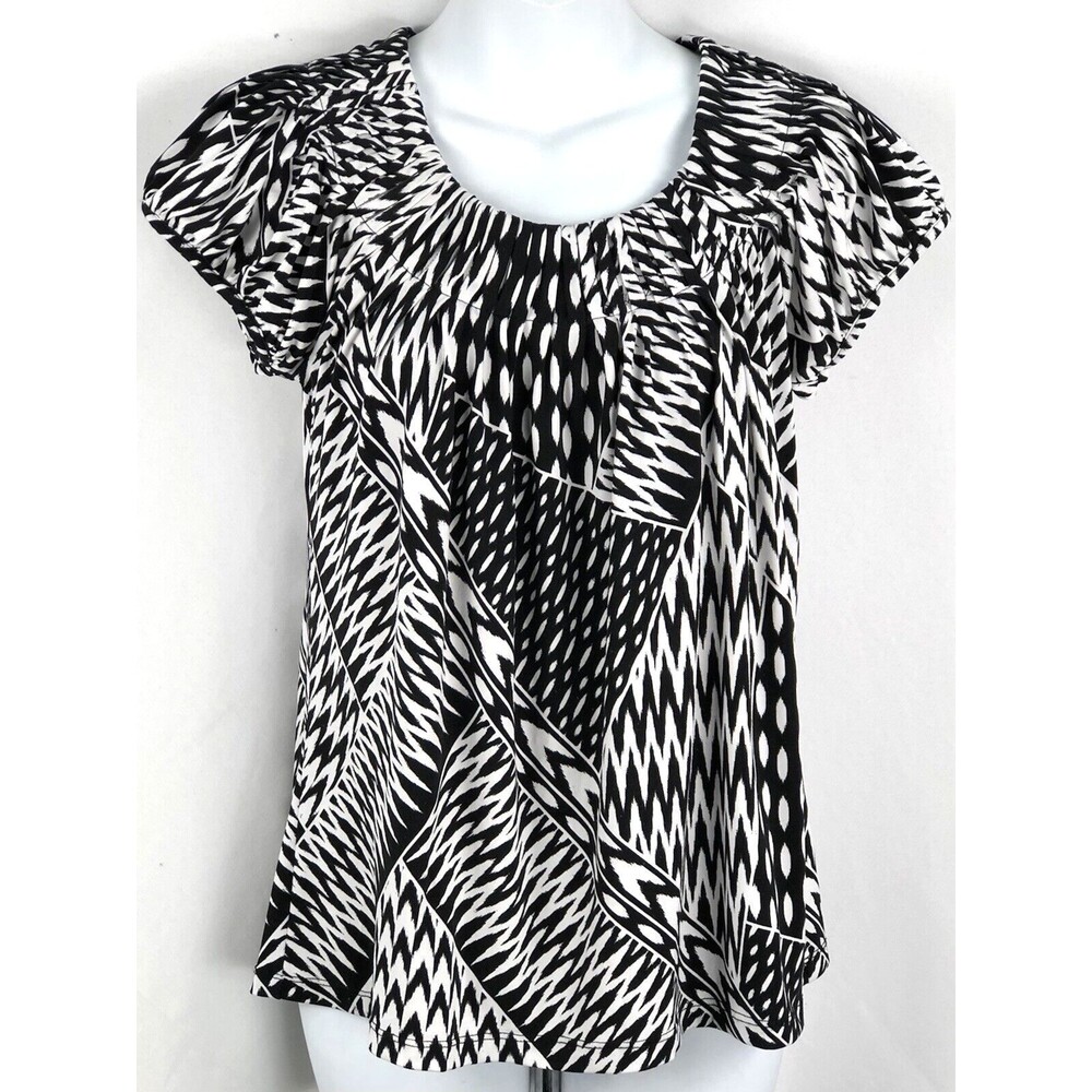 Vintage BabyDoll Top PM Blk/Wht Geometric pleated scoopneck ShortSleeve Y2K